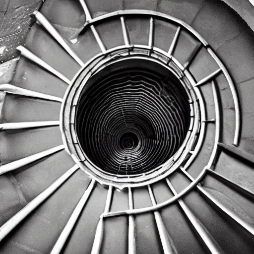 Image similar to creepy photo of a spiral staircase in a sewer