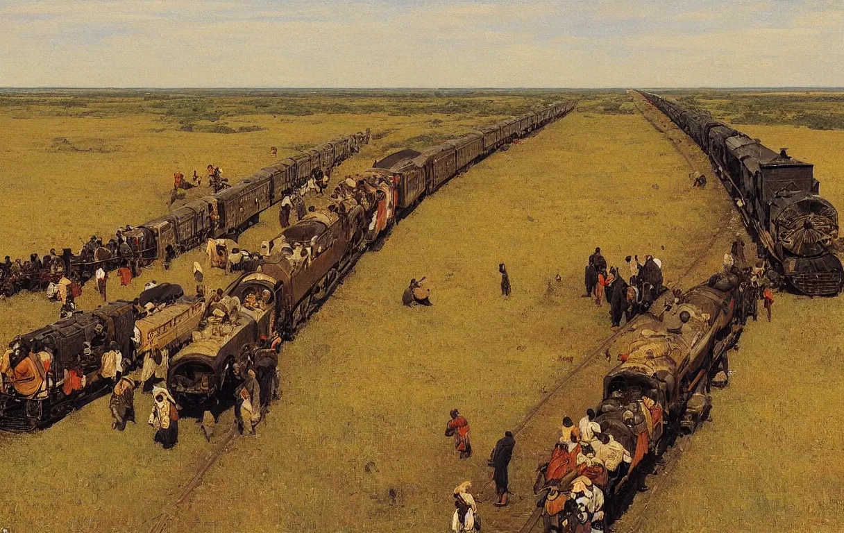 Prompt: train travelling on railroad across the nigerian plains, from above, 1885, highly detailed oil on canvas, by Ilya Repin