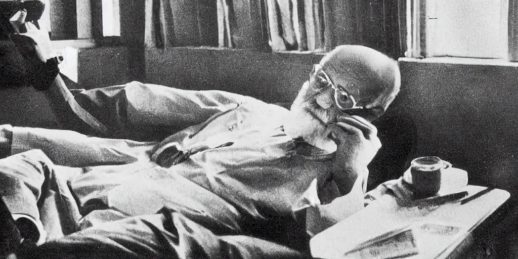 Prompt: a historic photo of sigmund freud laying on a couch talking into a banana phone, sunlight coming in through the window in his fancy office