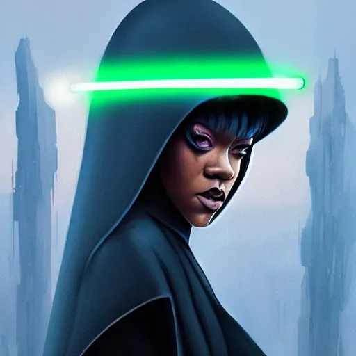 Image similar to star wars empire Rihanna profile picture by Greg Rutkowski, mod green Bob wig, hooded fur coat, asymmetrical, futuristic, volumetric lights, streetwear, studio ghibli, Organic Painting , Matte Painting, geometric shapes, hard edges, trending on the artstation, fantasy LUT, realistic by Sachin Teng + Martin Grip + Moebius + Patrick Gleason, smooth, sharp focus, illustration, art by John Collier and Albert Aublet and Krenz Cushart and Artem Demura and Alphonse Mucha, techwear, Industrial Scifi, detailed illustration, character portrait,