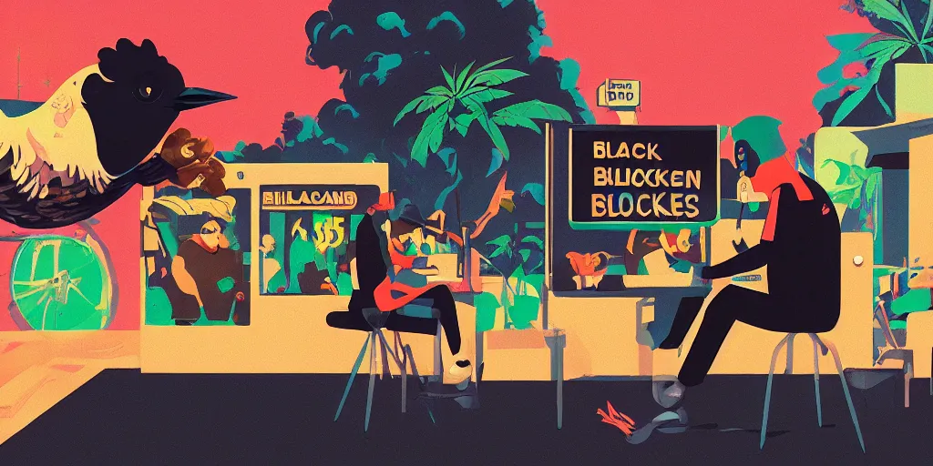 Image similar to black! chicken! smoking cannabis!!!, in front of multi monitors broadcasting studio, artwork by James Gilleard