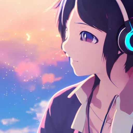 KREA - an anime music producer with headphones on, official art, key  visual, studio lightning, very detailed bd cover, Kimi no Na Wa,  hyperrealistic, artstation, caustics, trending on Artstation, 8K, octane  renderer