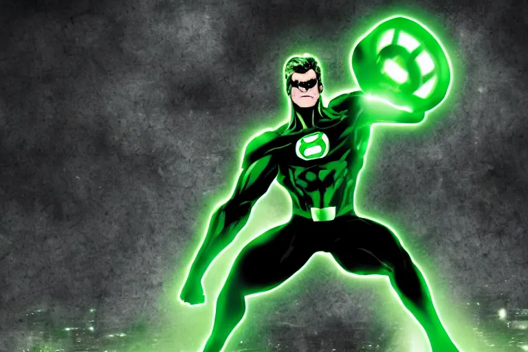 Image similar to green lantern creating a giant hammer, comicbook style, epic background, dof