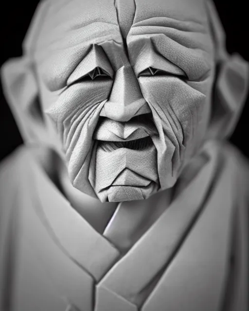 Prompt: an origami wrinkled old man by akira yoshizawa, realistic, very detailed, complex, intricate, studio lighting, bokeh, sigma 5 0 mm f 1. 4