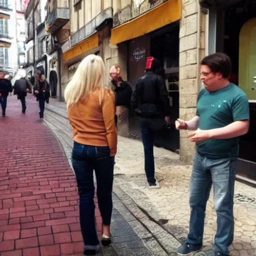 Image similar to a blonde woman & Michael mcintyre searching for food in Porto