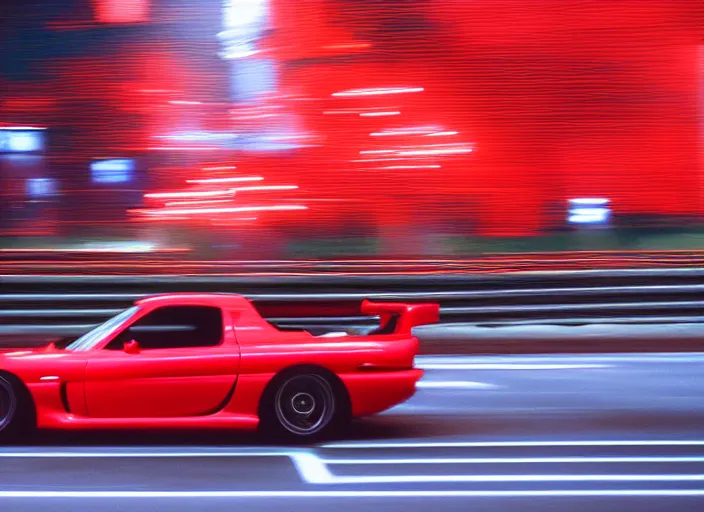 Image similar to fd rx - 7 1 9 9 9 candy - apple - red racing down highway, night - time, japan film photo motion blur front side view ( ( ( ( wadim kashin wenjun lin ) ) ) )