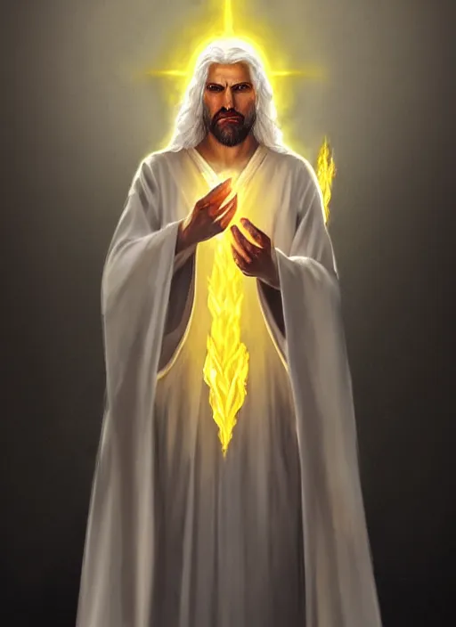 Image similar to « portrait of the white - haired jesus in a white robe and flaming yellow eyes, holding seven stars in right hand, grim - lighting, high - contrast, intricate, elegant, highly detailed, digital painting, artstation, concept art, smooth, sharp focus, illustration »