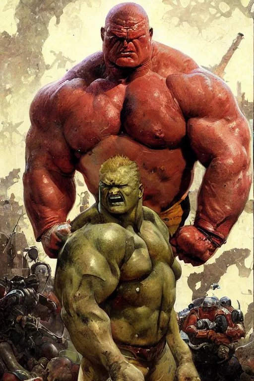 Image similar to upper body and head portrait of hulking brock lesnar as marvel juggernaut wearing battered armour, norman rockwell, wayne barlow, raymond swanland, tom lovell, alex malveda, boris vallejo, jack kirby, lawrence alma tadema, greg staples, jeremy mann, artstation comic character concept