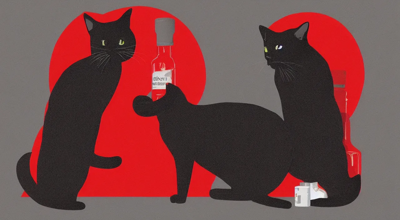 Prompt: a cat standing next to a bottle of medicine. black cat. animal. digital art. artstation. illustration. background color is red.