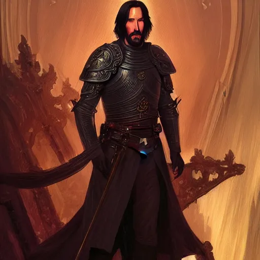 Image similar to Keanu Reeves dressed as a knight, D&D, fantasy, intricate, elegant, highly detailed, digital painting, artstation, concept art, matte, sharp focus, illustration, art by Artgerm and Greg Rutkowski and Alphonse Mucha