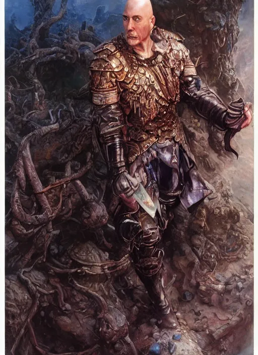 Image similar to a hyperrealistic and detailed paintbrush portrait of a bald male fantasy character, art by donato giancola and bayard wu and gustav moreau and wayne barlowe, rpg portrait, 8 0's fantasy movies, dungeons & dragons, fantasy art