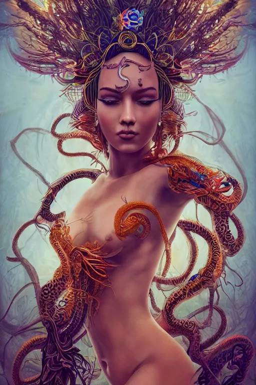 Prompt: an immaculate render of a dancing aztek goddess adorned with leaves and cables and bird wings parts, dancing in a temple surrounded by wild tentacles made from mandalas and incense smoke, full body, perfect face, powerful, cinematic, beautifully lit, by artgerm, by karol bak, 3 d, trending on artstation, octane render, 8 k