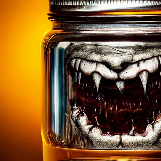 Image similar to Evil monster in a jar by John Howe, product photography, centered, studio lightning