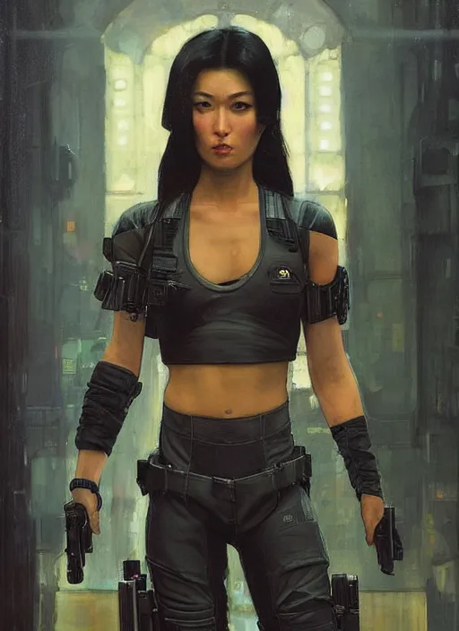 Image similar to Nikki tanaka. beautiful cyberpunk female USN marine wearing a military vest and military jumpsuit (cyberpunk 2077, bladerunner 2049). gorgeous face. Iranian orientalist portrait by john william waterhouse and Edwin Longsden Long and Theodore Ralli and Nasreddine Dinet, oil on canvas. Cinematic, hyper realism, realistic proportions, dramatic lighting, high detail 4k