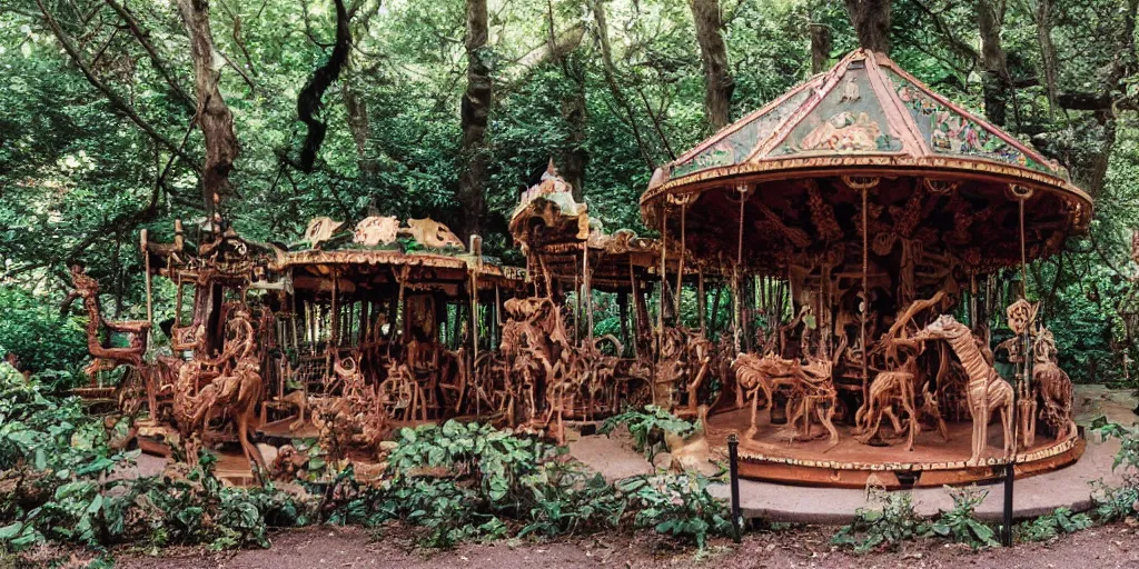Prompt: an abandoned secret carousel with elaborately intricate carved wooden figures of animals, beachwood treehouse, discovered in a secret garden, hedgemaze, photo taken on fujifilm superia film, 3 5 mm