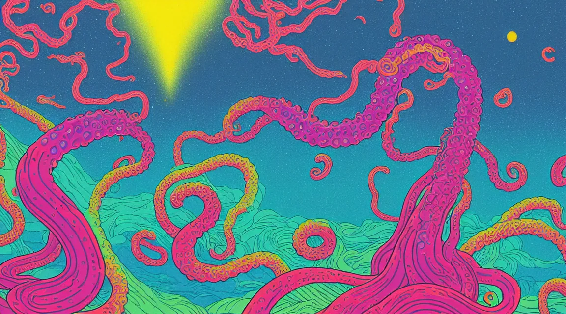 Prompt: a portrait of a giant tentacle monster with psychedelic arms on an acid trip in a multicoloured rainbow in the cosmos, flat design, screen print by Kawase Hasui and dan hillier, 8k unreal engine