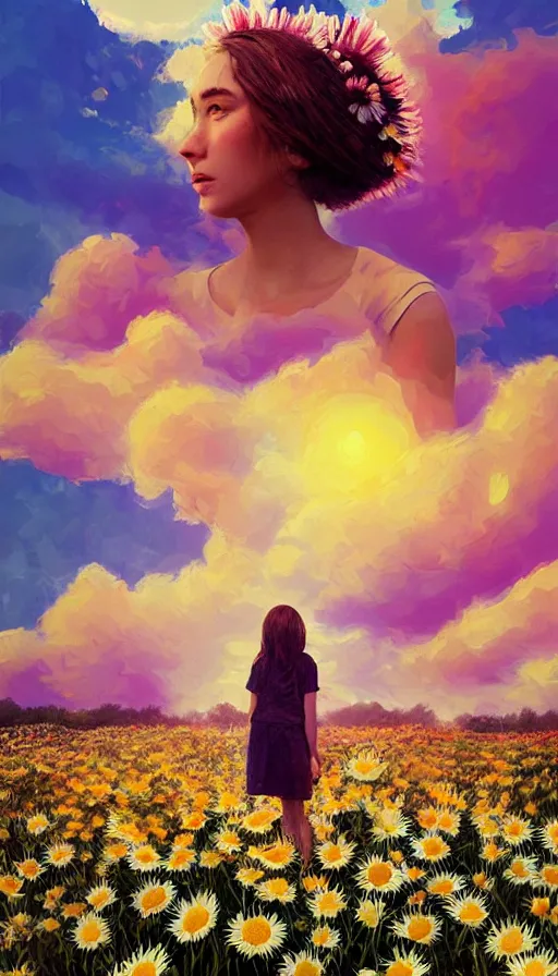 Image similar to girl face made of giant daisies, standing in a flower field, holding flowers, surreal photography, sunset dramatic light, impressionist painting, colorful clouds, large sky, digital painting, artstation, simon stalenhag