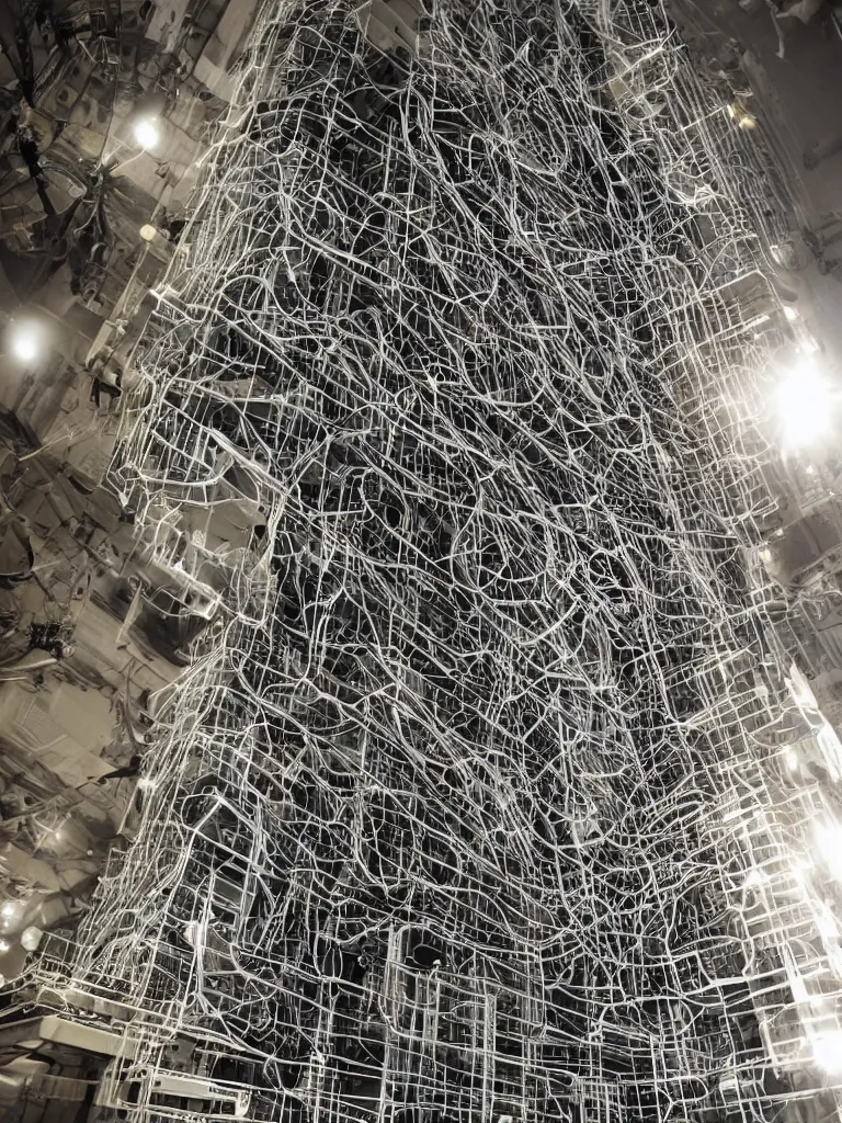 Prompt: a photo of an intricate and complex electronic music machine the size of a skyscraper made from thousands of speakers and wires and synthesizers