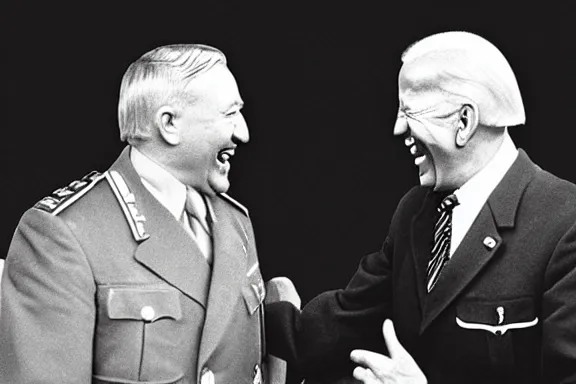 Image similar to “ very very intricate photorealistic photo of hitler and joe biden laughing together, detailed natural lighting, award - winning crisp details ”