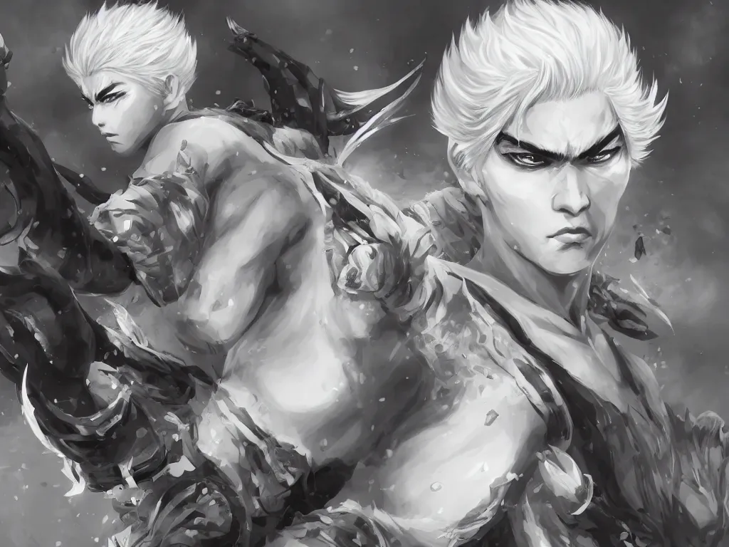 Image similar to a highly detailed illustration of fierce short white haired parted through the middle young attractive asian man, wearing hakama, with black sclera eyes, heroically battle posing, intricate, elegant, highly detailed, centered, digital painting, artstation, concept art, smooth, sharp focus, league of legends concept art, WLOP