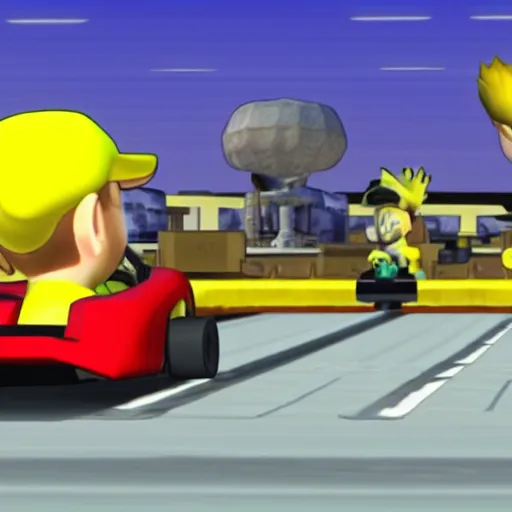 Prompt: Walter White and Jesse Pinkman in Mario Kart, breaking bad screencap