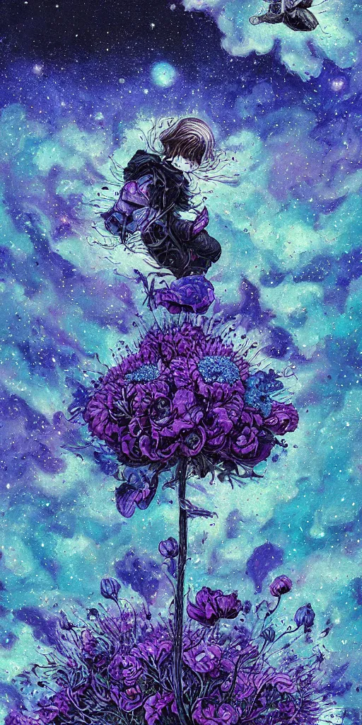 Image similar to detailed, intricate blue black and purple papaverum flower on the field, nebula, galaxy in the sky, winning award masterpiece, fantastically beautiful, illustration, aestheticly inspired dan mumford, upscale with anguissola sofonisba work, artstation, 8 k