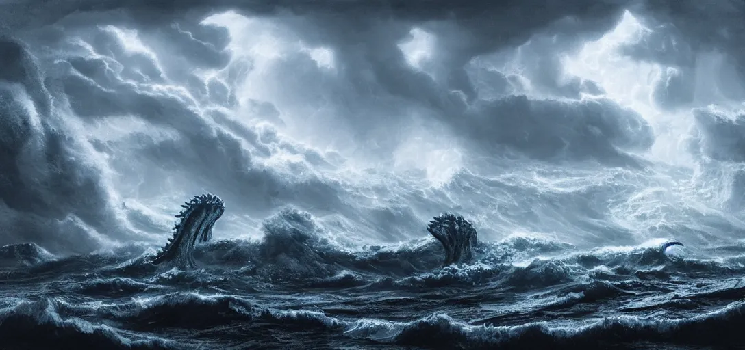 Image similar to wild ocean storm at night, a giant kraken emerging from water, dramatic lighting, cinematic, establishing shot, extremely high detail, photorealistic, cinematic lighting, post-processed, concept art, artstation, matte painting, in the style of eddie mendoza, raphael lacoste, alex ross