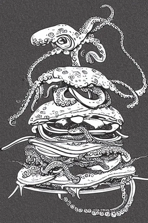 Image similar to illustration of a an octopus inside a cheeseburger, highly detailed, 8 k, vintage, screen print, trending on artstation