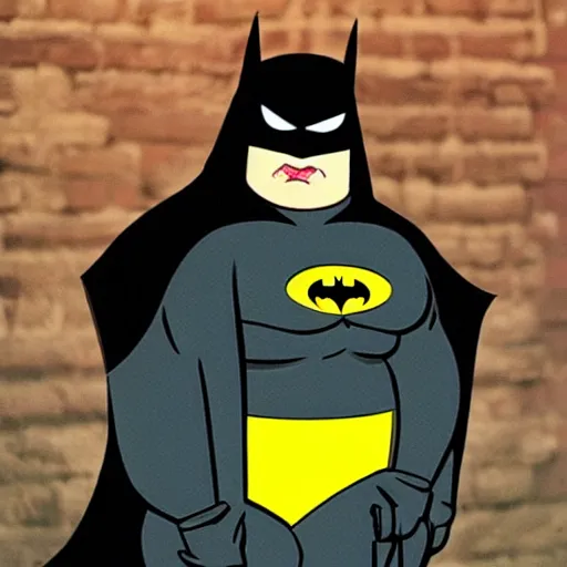 Prompt: morbidly obese batman trying to fight crime