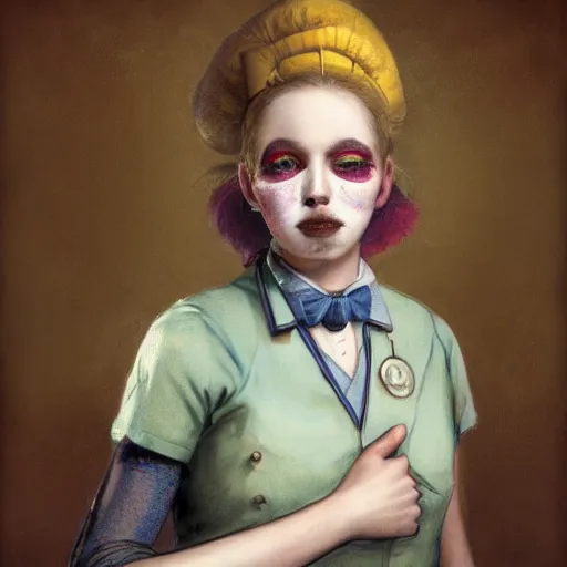 Image similar to clowncore pastel punk young hospital nurse wearing stylish uniform. detailed, portrait, 8 k, artwork by jean - baptiste monge