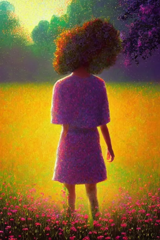 Image similar to flower growing out of girl head, standing in a flower field, big trees, sunrise dramatic light, impressionist painting, colorful clouds, digital painting, pointillism, artstation, simon stalenhag