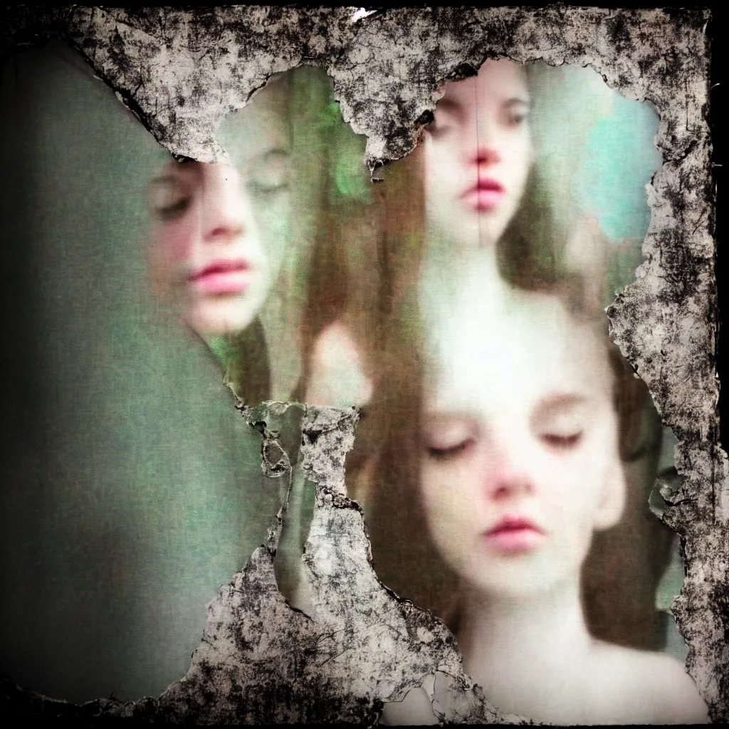 Prompt: looking at an angelgirl through a lookingglass, digital collage, stressed and burnt out, overexposure, overexposed, high exposure