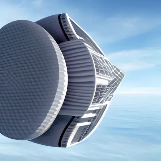 Prompt: a futuristic house floating in the sky, the house is supported by two large fans, 4k
