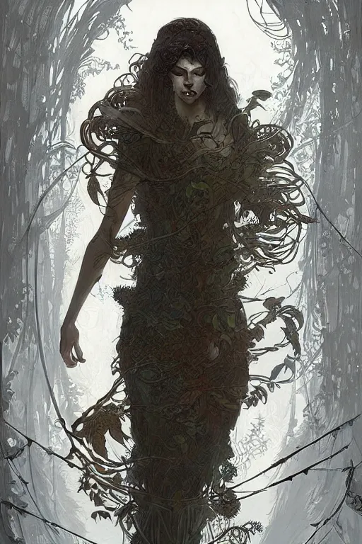 Prompt: an insanely detailed cell shaded vector art of a tall woman and the death, intricate detailed leaves, spiderweb, mycelia, by ruan jia, fantasy, hyper detailed, concept art, by greg rutkowski, by alphonse mucha