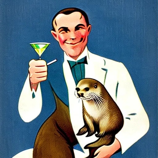 Image similar to a man holding a martini with an otter swimming in it while the otter gives a thumbs up in a 1 9 2 0 s advertisement poster