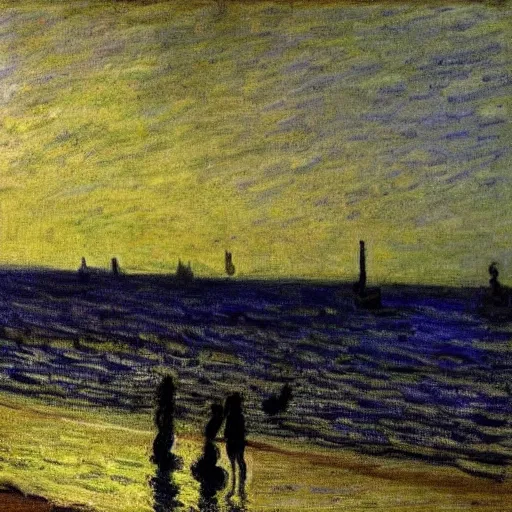 Image similar to Nostalgic beach which is bright up close and dark far away, with two people floating on the sand, by claude monet