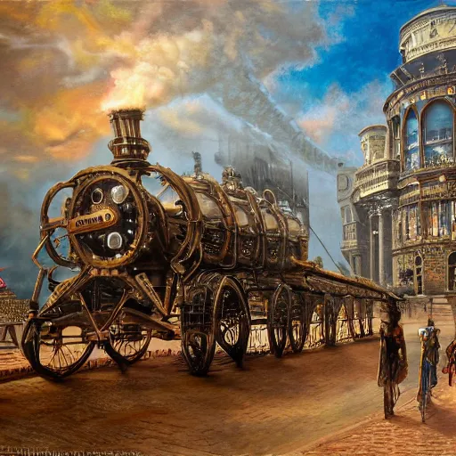 Image similar to fantasy steam punk machine walks through the center of a dallas, extremely detailed oil painting, 1 9 2 0's colored pencil, highly detailed, highly accurate, deep aesthetic, 8 k, highly ornate intricate details, cinematic lighting, rich colors, beautiful scenic view, ray tracing, hyperrealistic, photorealistic, cinematic landscape, trending on artstation, concept art,