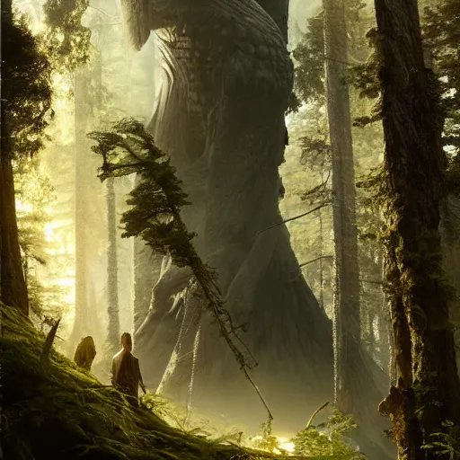 Image similar to a giant creature towering over the forest, 8 k octane beautifully detailed render, post - processing, extremely hyper - detailed, intricate, epic composition, cinematic lighting, masterpiece, trending on artstation, masterpiece, stunning art by anders zorn, wonderful masterpiece by greg rutkowski, beautiful cinematic