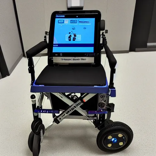 Prompt: a cyberpunk electric wheelchair with a tablet holder