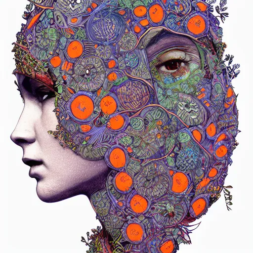 Image similar to the head of an incredibly gorgeous woman partially made of carrots and blueberries looking down, an ultrafine detailed illustration by james jean, final fantasy, intricate linework, bright colors, behance contest winner, vanitas, angular, altermodern, unreal engine 5 highly rendered, global illumination, radiant light, detailed and intricate environment
