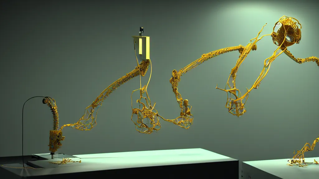 Image similar to a complex bifurcated robotic cnc surgical arm hybrid 3 d printer machine making organic ceramic kintsugi mandlebulb forms in the laboratory room, very thin gold wire, film still from the movie directed by denis villeneuve with art direction by salvador dali, wide lens, f 3 2, cinematic lighting, studio quality, smooth render, unreal engine 5 rendered, octane rendered