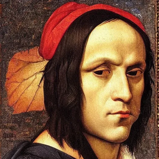 Image similar to a renaissance portrait painting of chief keef by giovanni bellini painting on a building in downtown chicago