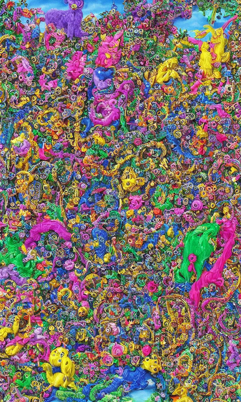 Prompt: an incredibly detailed masterpiece made out of pipecleaners of a I SPY puzzle by bosch and lisa frank, ornate, beautiful, gothic colors, detailed, high resolution, wow!, intricate