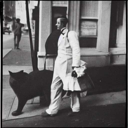 Prompt: futuristic time traveller with cat companion on his shoulder, in 1 9 3 0 s new york, shot on old film, black and white, distant shot