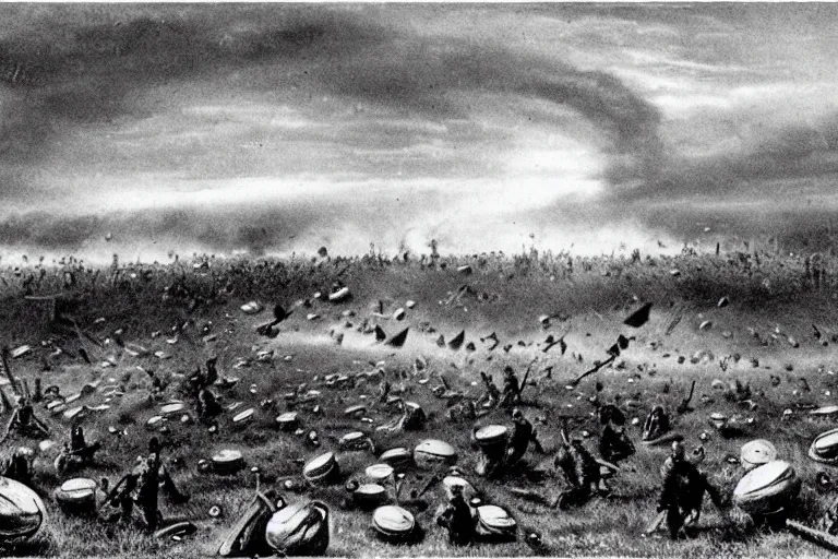 Prompt: A rain of flying saucers crashing at the battle of gettysburg. 1860s photograph.