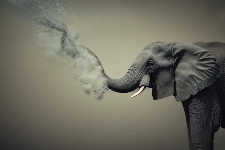 Prompt: ultra realistic nature photography, picture of ( subject : an elephant blowing smoke ). the scene is set in a cigar lounge, a very smokey atmosphere, small thick clouds of cigar smoke, artstation, focus on the elephant, extremely detailed and crisply sharp photo, hyperrealistic smoke, figma, sigma, 4 k