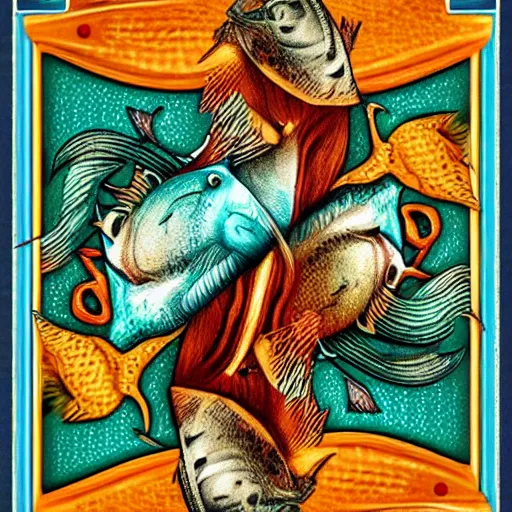 Image similar to two fishes playing cards at the bottom of the sea, lowbrow surrealistic, in the style of mark ryden,