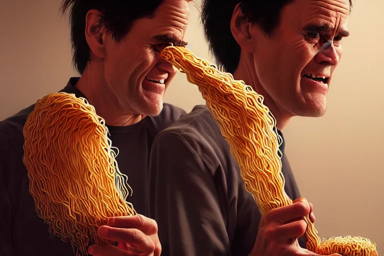 Prompt: ramen noodles jim carrey, hyper detailed, digital art, artstation, cinematic lighting, studio quality, smooth render, by caravaggio, artgerm, greg rutkowski