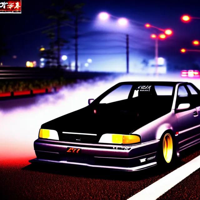 Image similar to a car JZX90 twin turbo drift spec in middle of road, Saitama prefecture, city midnight mist lights, cinematic lighting, photorealistic, highly detailed wheels, high detail