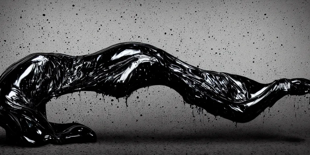 Image similar to a shiny black goo covered panther, panther made of black goo, goo panther, panther made of goo, latex shiny, laying on a tar, covered white couch in a living room, dripping and drooling black goo. digital art, photography, ferrofluid